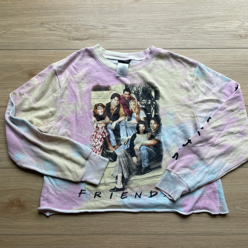 Friends TV Show Tie Dye Cropped Sweatshirt Pastel Pink Yellow Blue Small JT23592